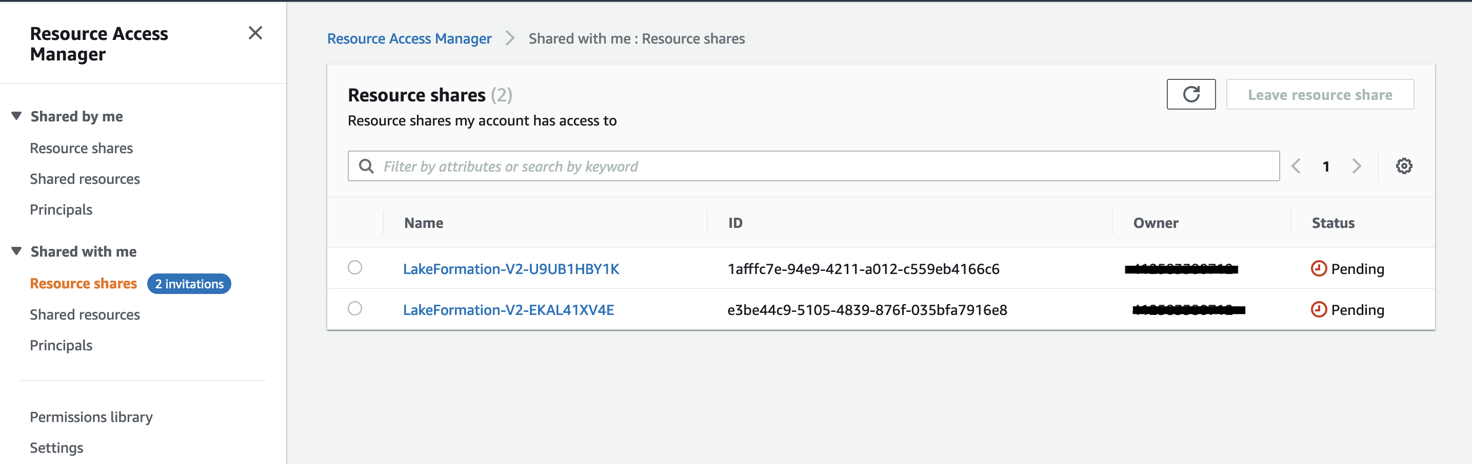 Resource shares to view the pending invitations Resource shares to view the pending invitations