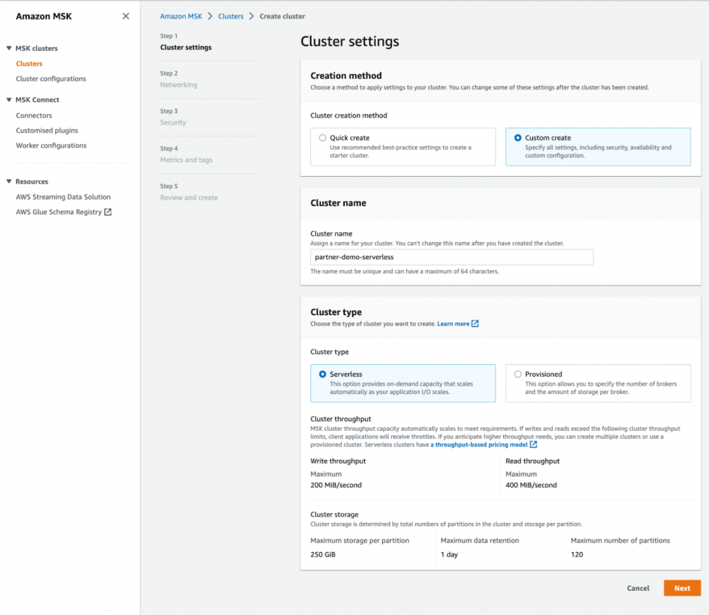 Serverless MSK Cluster creation UI