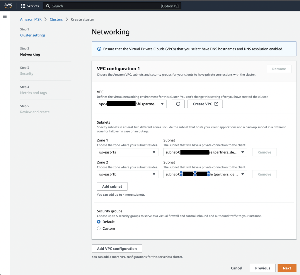 Cluster settings showing VPC and Subnets