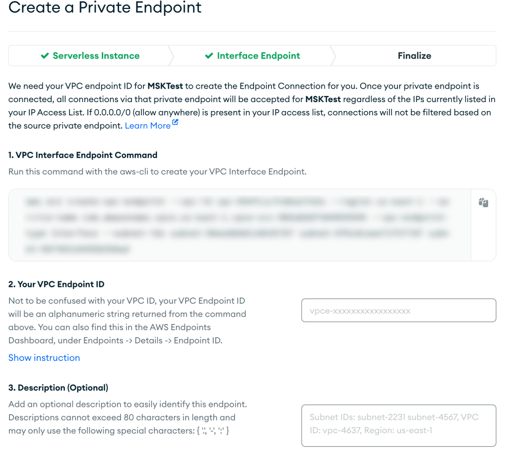 VPC Endpoint Subnet Configuration UI