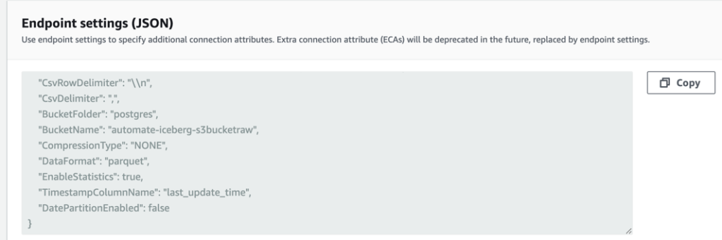 AWS DMS endpoint settings