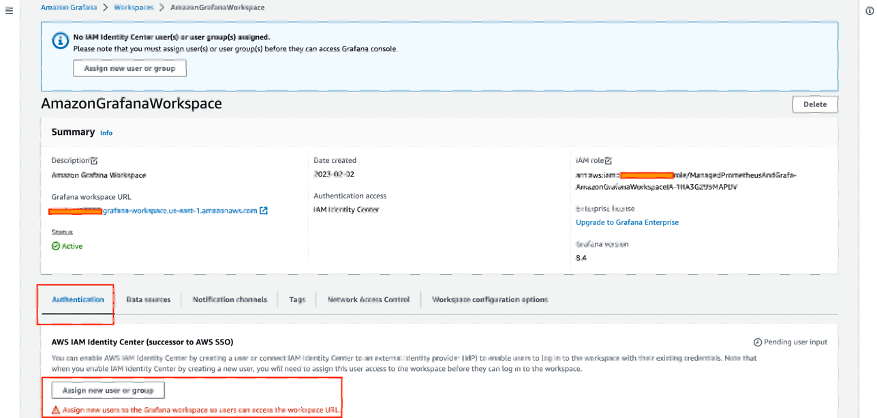 Amazon Managed Grafana - Workspace information - Assigning user