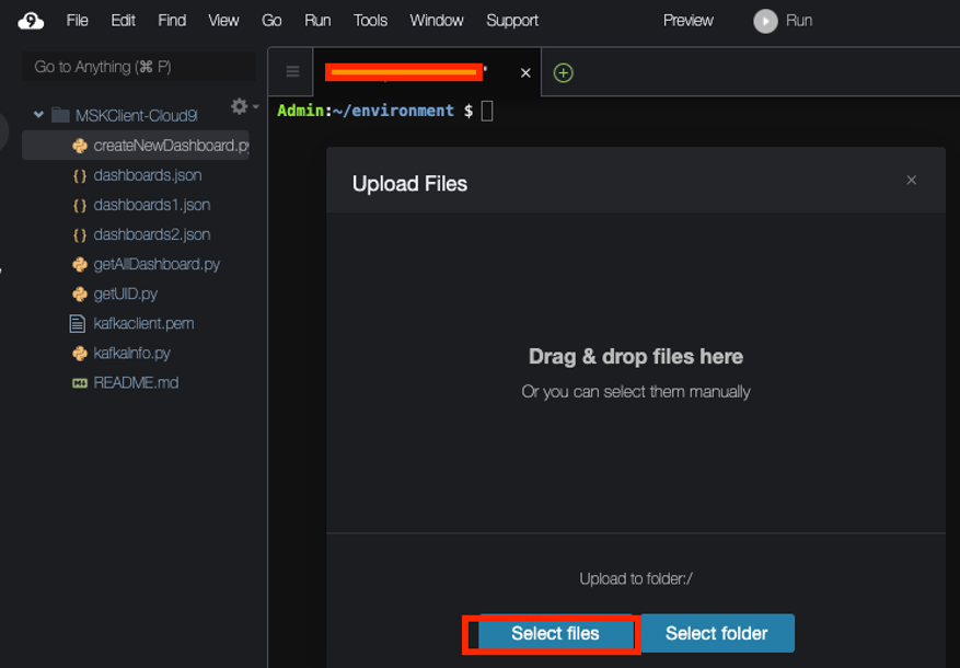 Upload file dialog page within AWS Cloud9 Environment