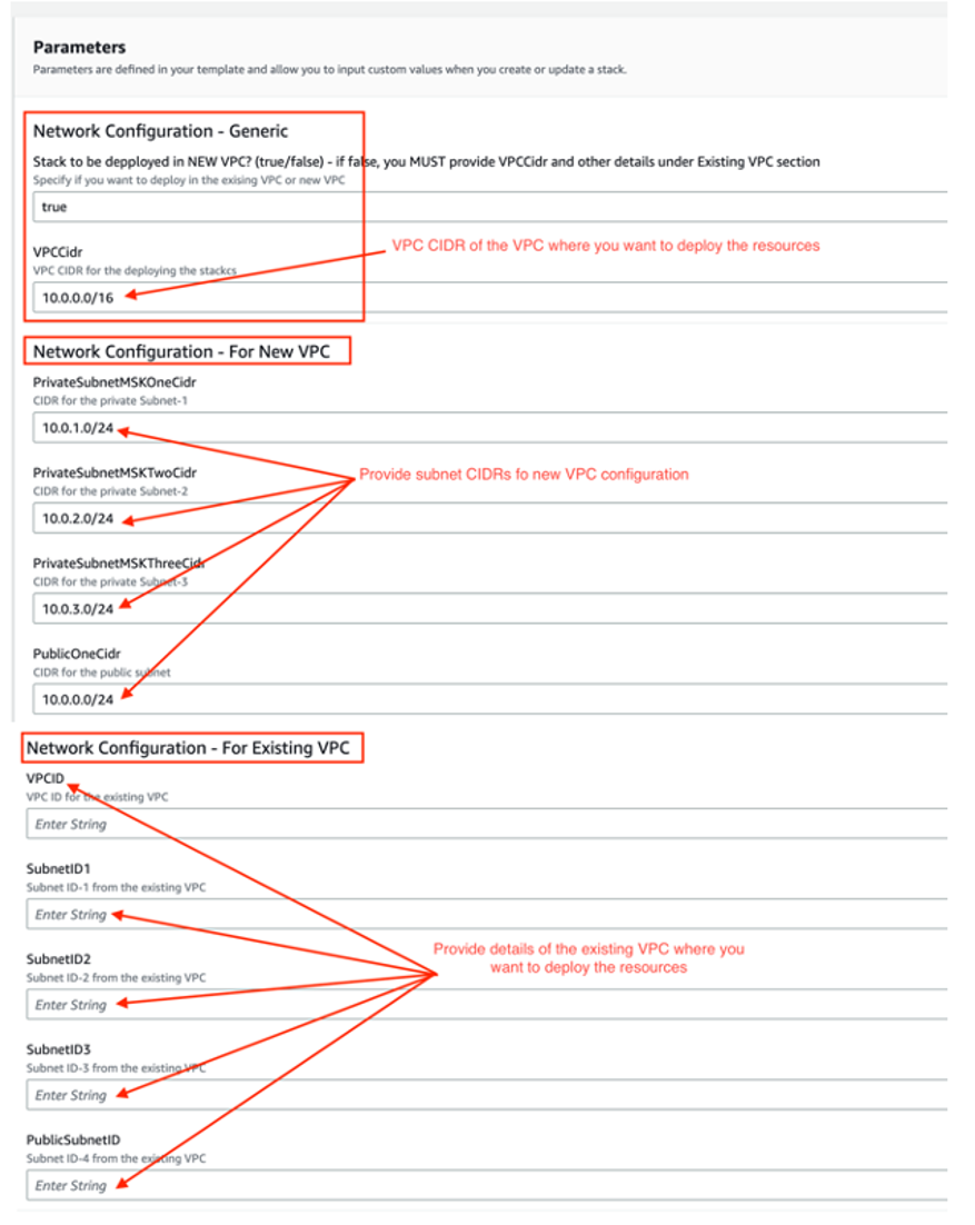 Specifying the parameter details for MSKDemo stack
