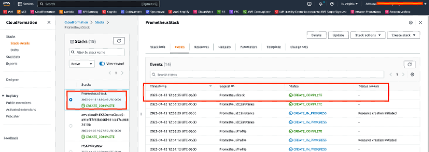 CloudFormation stack creation status for Prometheus Stack