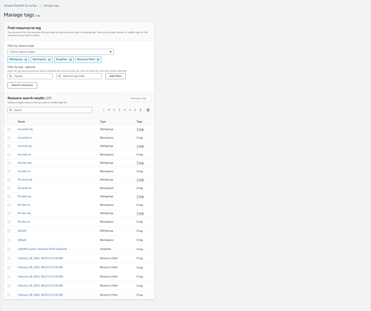 search for resources by an existing tag by entering values