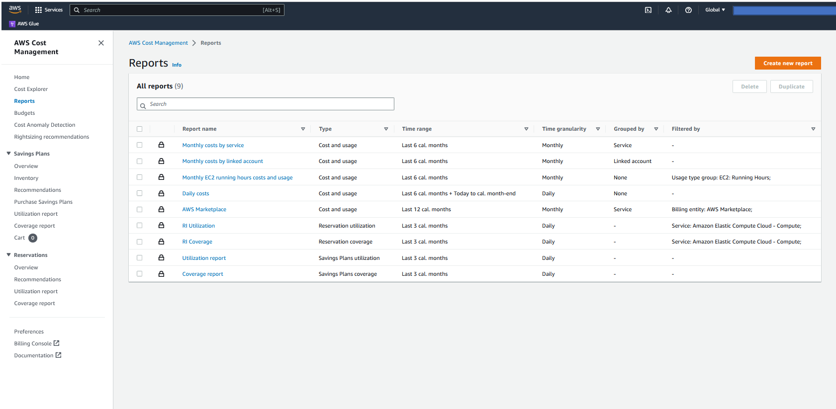 preconfigured reports in Cost Explorer.