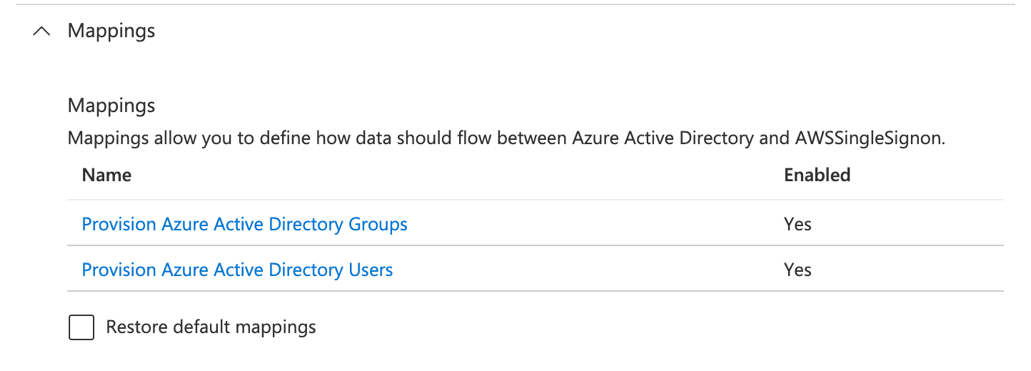 Azure AD console, Under mappings