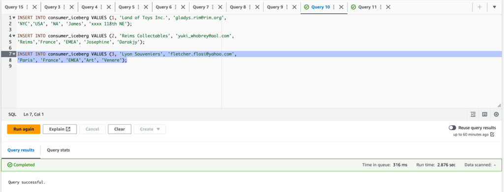 Insert data into consumer_iceberg table in the producer account