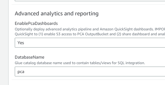 QuickSight Dashboard option in the PCA CFT