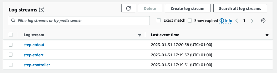 In the log group, you will find the three different log streams.