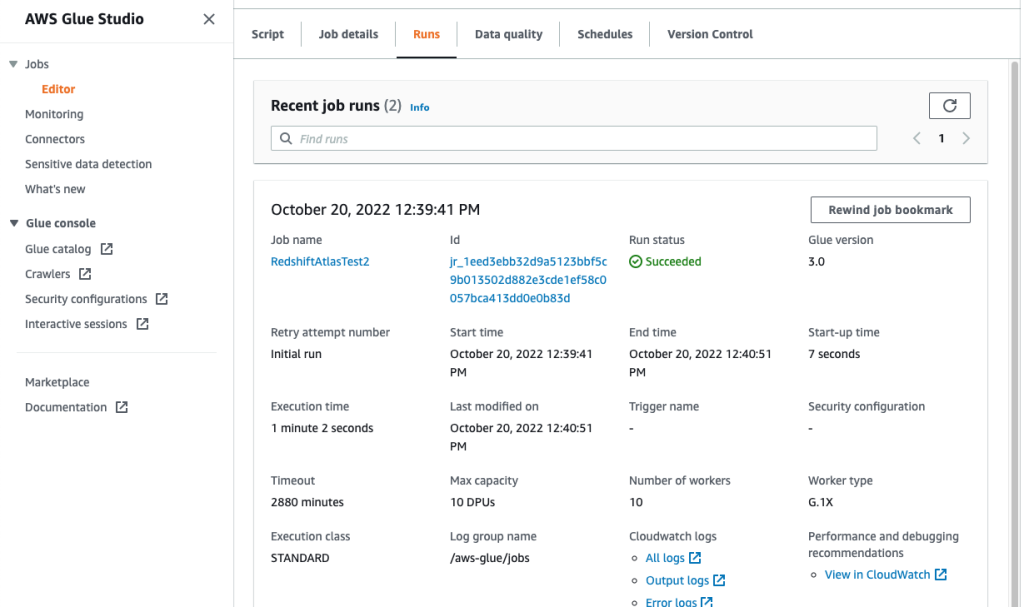 Successful job run details
