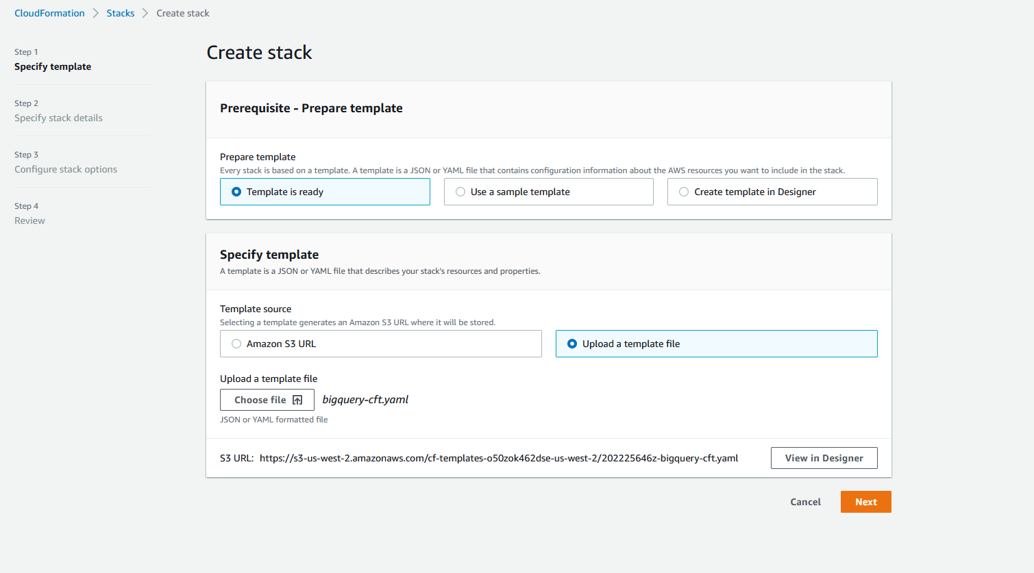 Screen caption showing the AWS Cloudformation Create stack page.