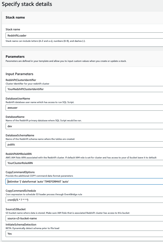 Screen capture showing the stack detailes page with the input parameters filled with example values