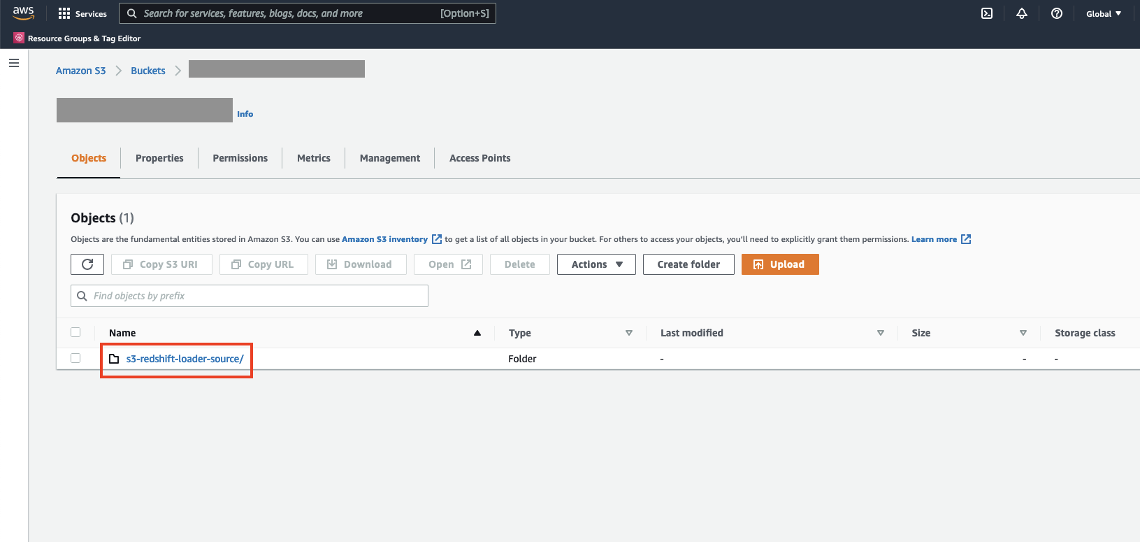 Screen caption of the Amazon S3 console showing the folder you should be able to see in your S3 bucket.