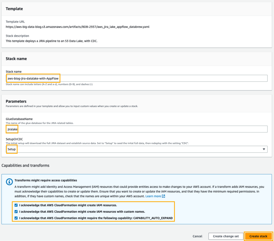An image depicts the Amazon CloudFormation configuration steps, including setting a stack name, setting parameters to "jiralake" and "Setup" mode, and checking all IAM capabilities requested.