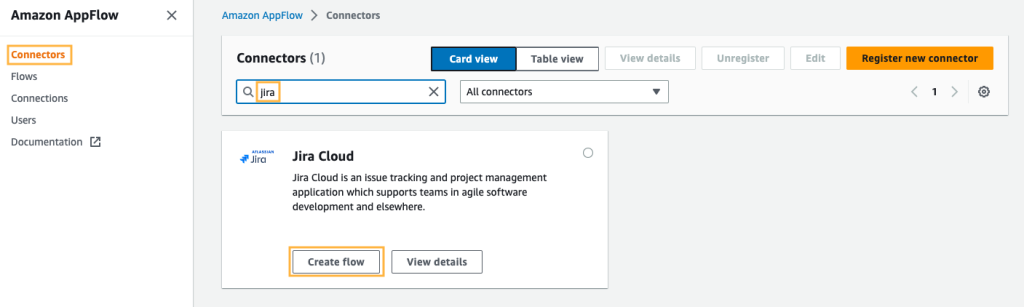 An image of Amazon AppFlor, showing the search for the "Jira Cloud" connector.