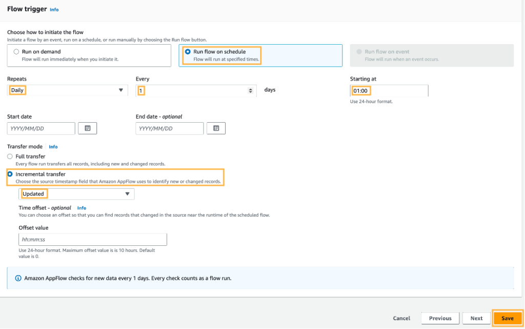 An image showing the Flow Trigger, with incremental transfer selected.