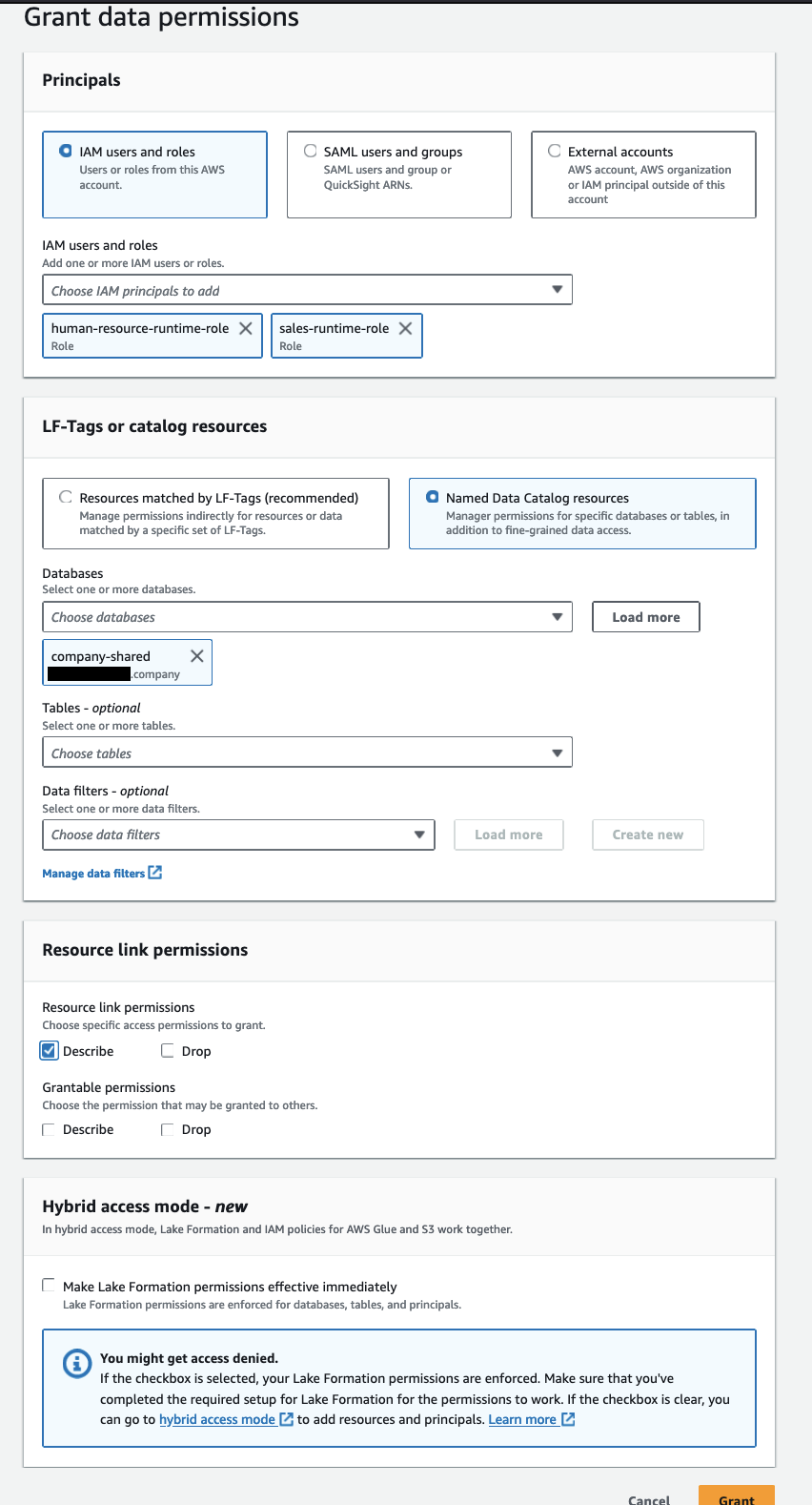 Grant permissions on the resource link to the runtime role principle