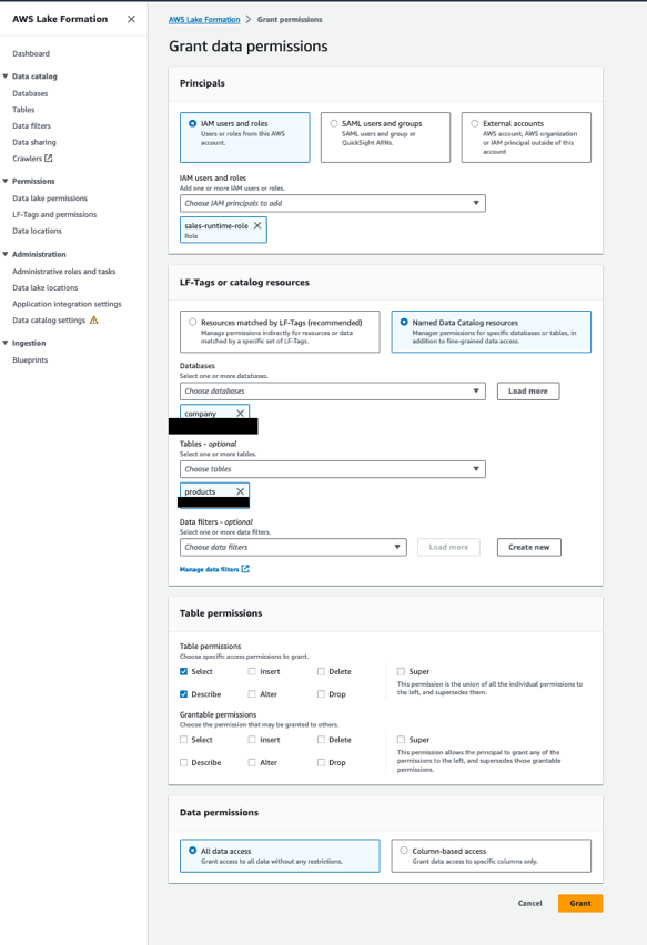 Grant permission on the products table to sales-runtime-role 