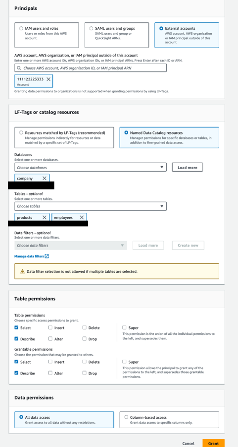 Grant table permissions to the data consumer account