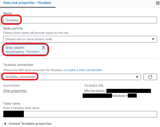 Data sink properties Teradata