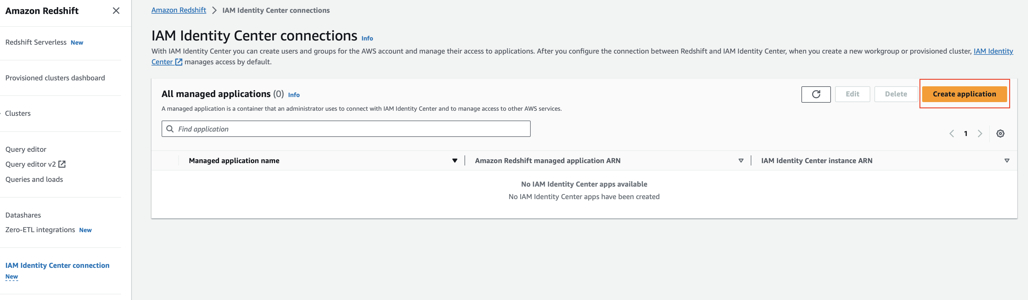 Redshift IdC Create Application