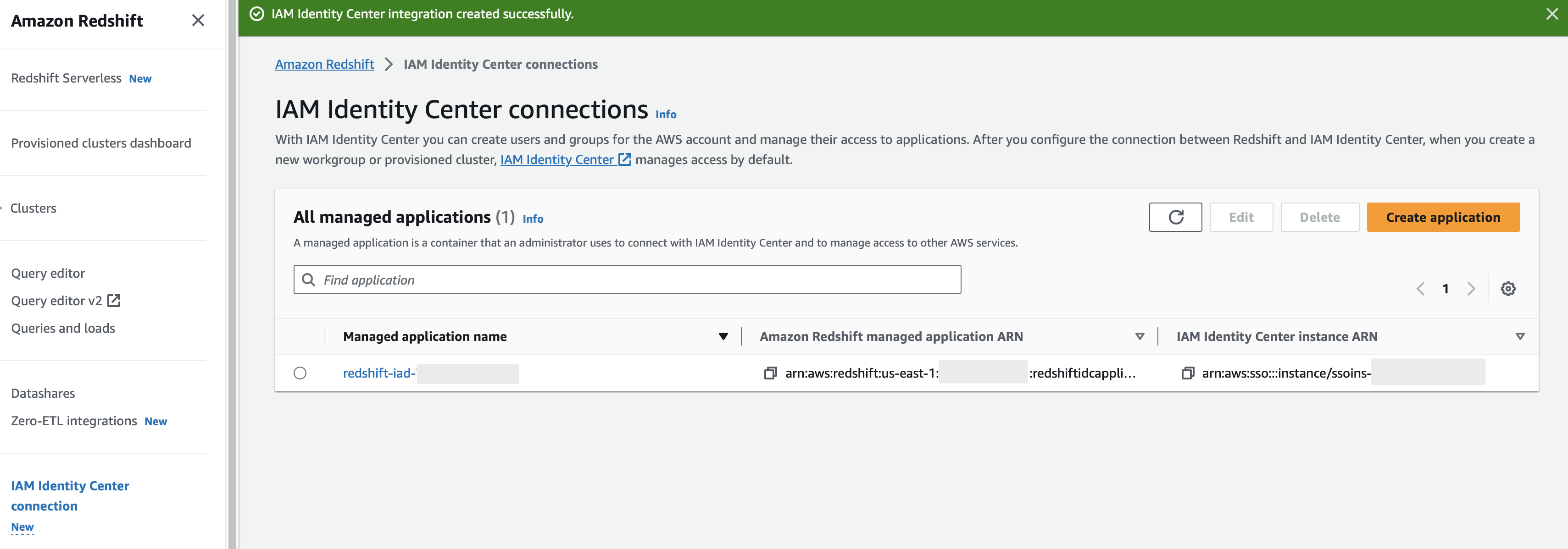 Redshift IdC Application Created