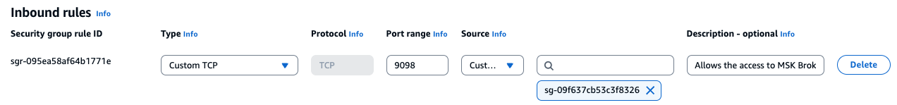 image shows, how to add the inbound rule for MSK security group allowing port 9098, In Amazon Redshift Cluster’s security group