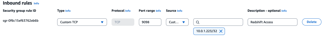 image shows how to add the inbound rule allowing port 9098 for leader IP address of your Amazon Redshift Cluster,in the Amazon MSK cluster’s security group