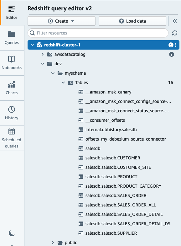 image shows tables created from MSK Topics