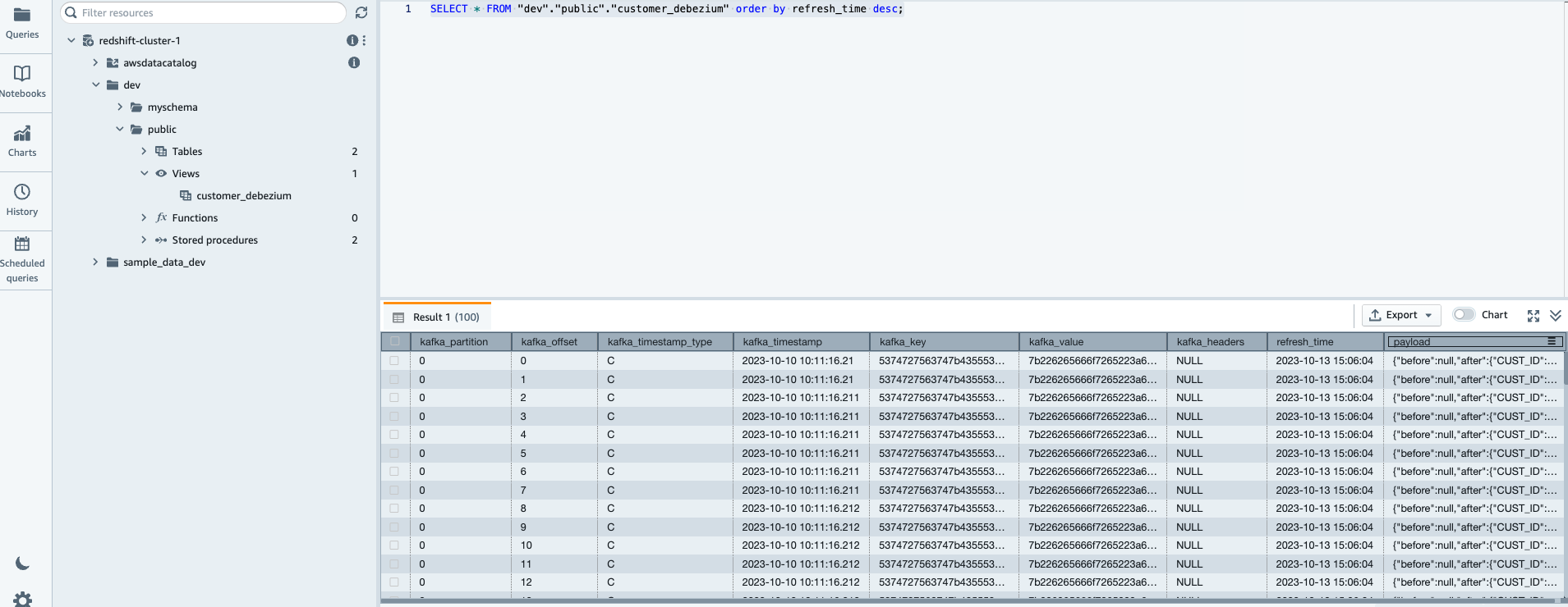 images shows records from the customer_debezium MV
