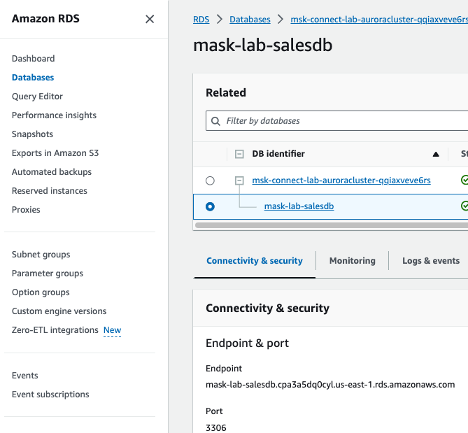 image shows the details of the RDS for MySQL
