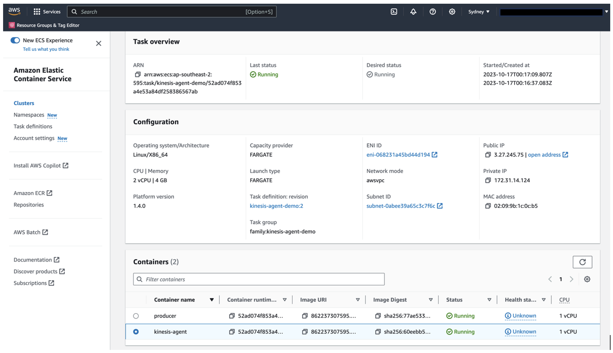 Amazon ECS console screenshot