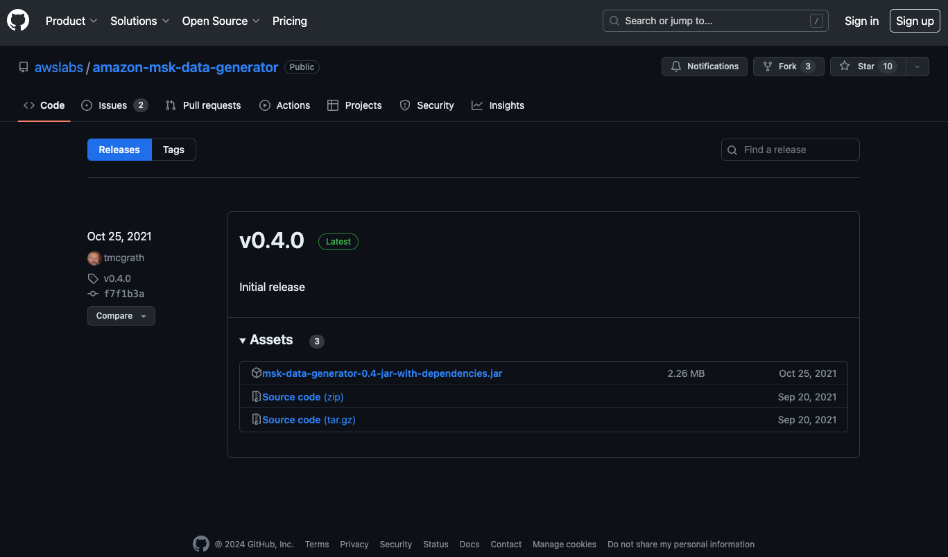 awslabs github page for downloading the jar file of the amazon msk data generator