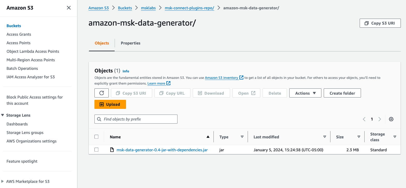 amazon s3 console image showing the uploaded jar file in an s3 bucket