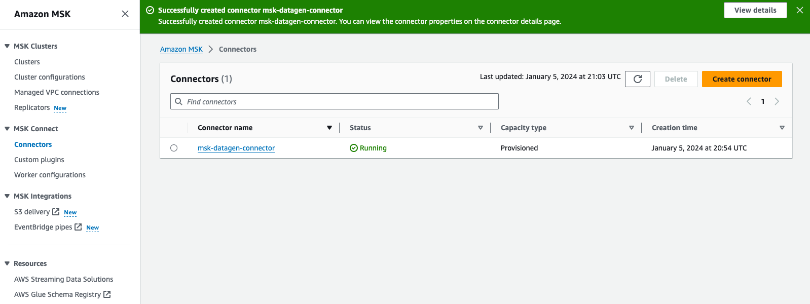 amazon msk console showing the msk connect connector being successfully created