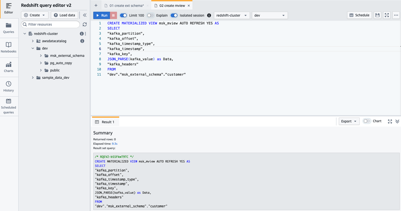 redshift query editor v2 showing the SQL statement used to create a materialized view