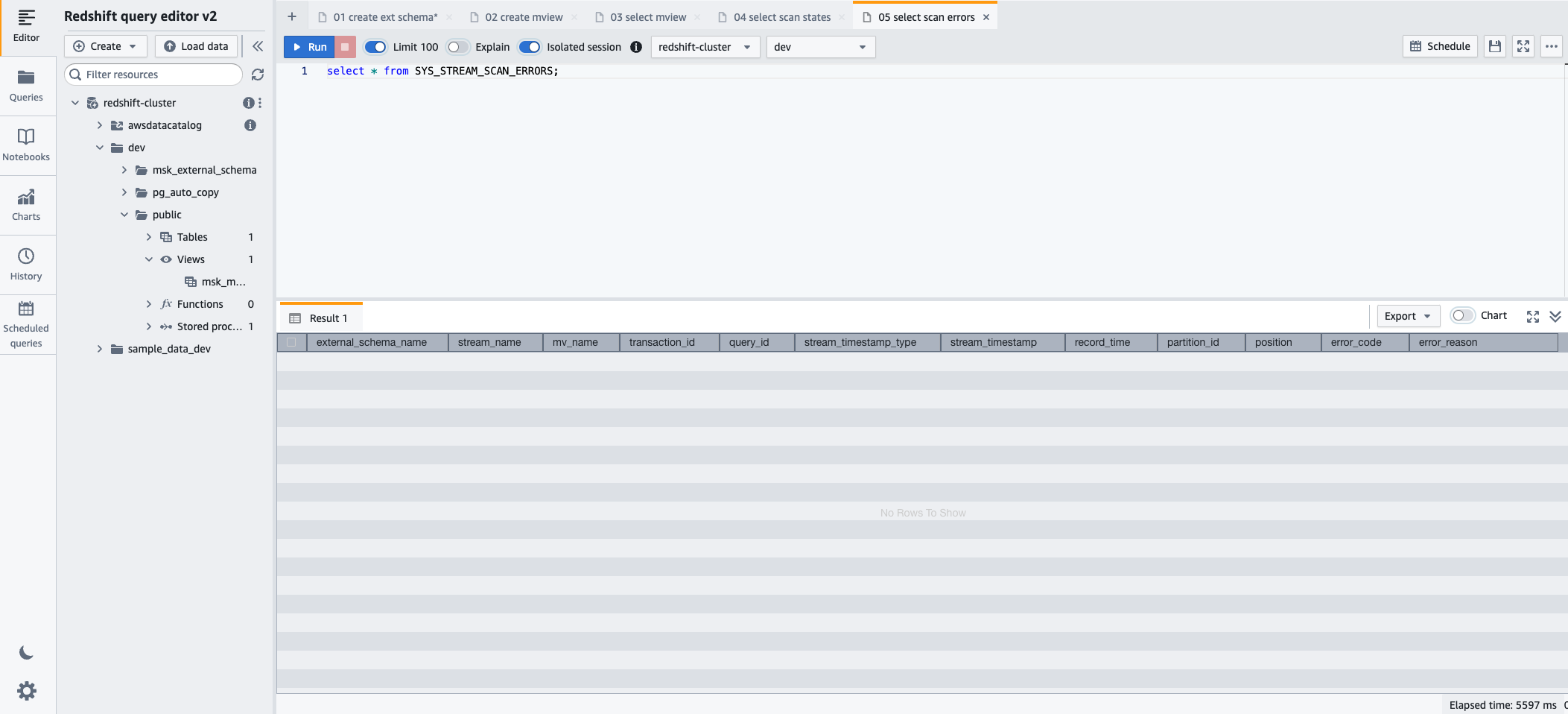 redshift query editor v2 showing the SQL statement used to query the sys stream scan errors monitoring view