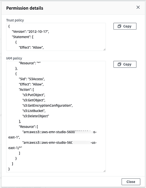 Permission details for EMR studio