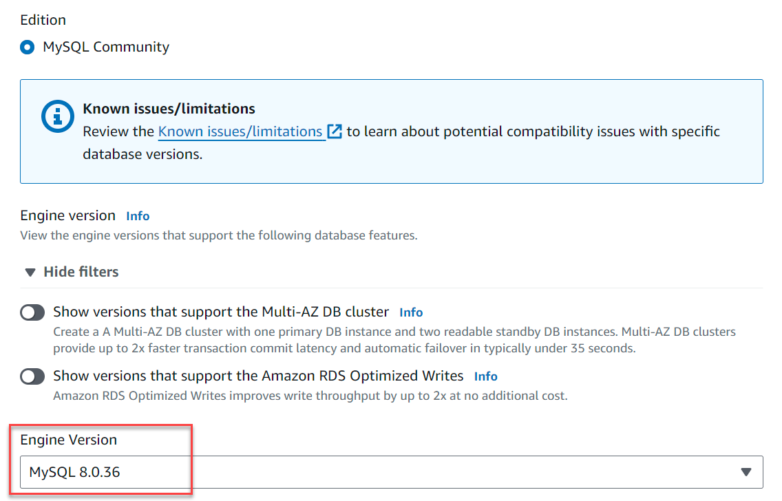 Selected MySQL Community edition Engine version 8.0.36