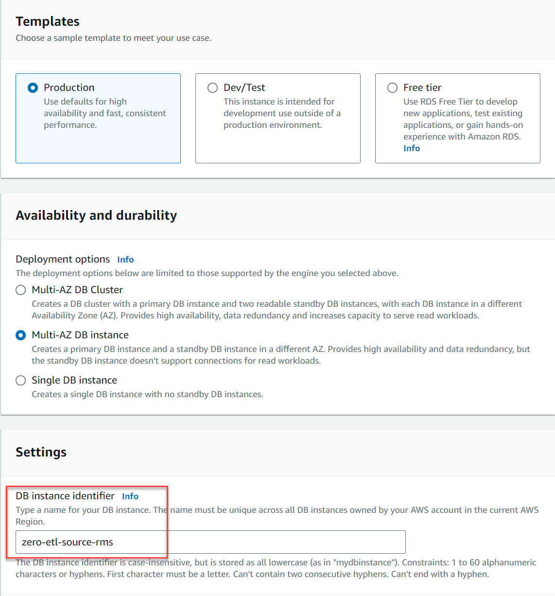 Selected Production template, Multi-AZ DB instance and DB instance identifier zero-etl-source-rms