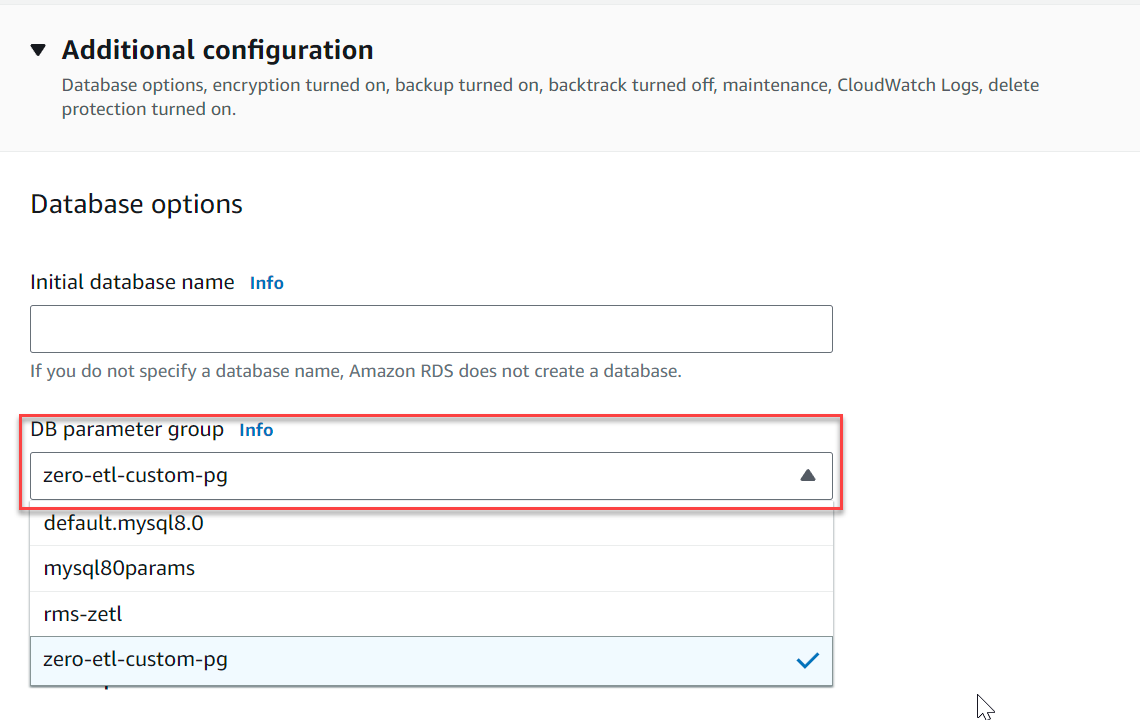 Selected DB parameter group zero-etl-custom-pg under Additional configuration