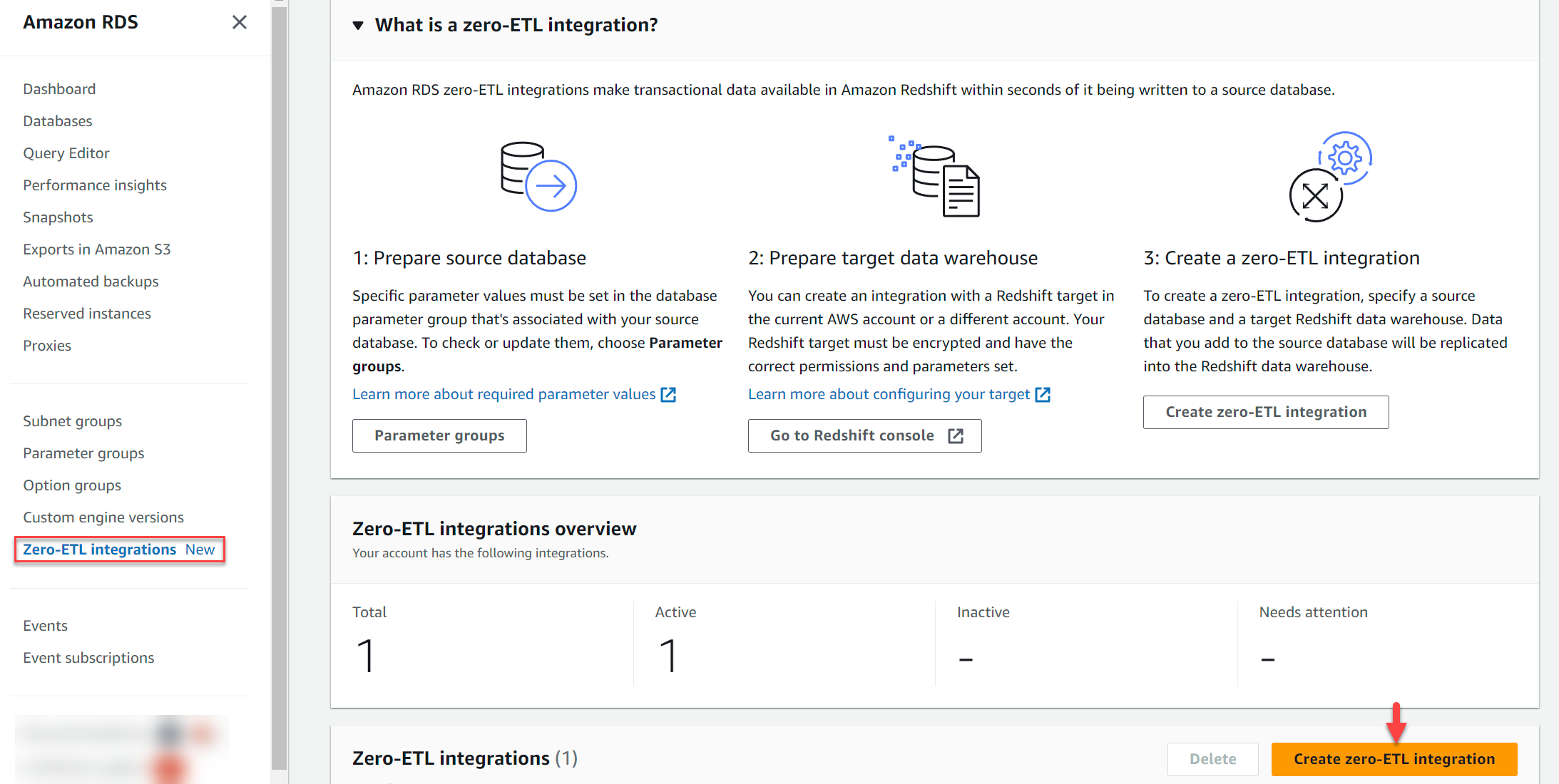Create zero-ETL integration on the Amazon RDS console