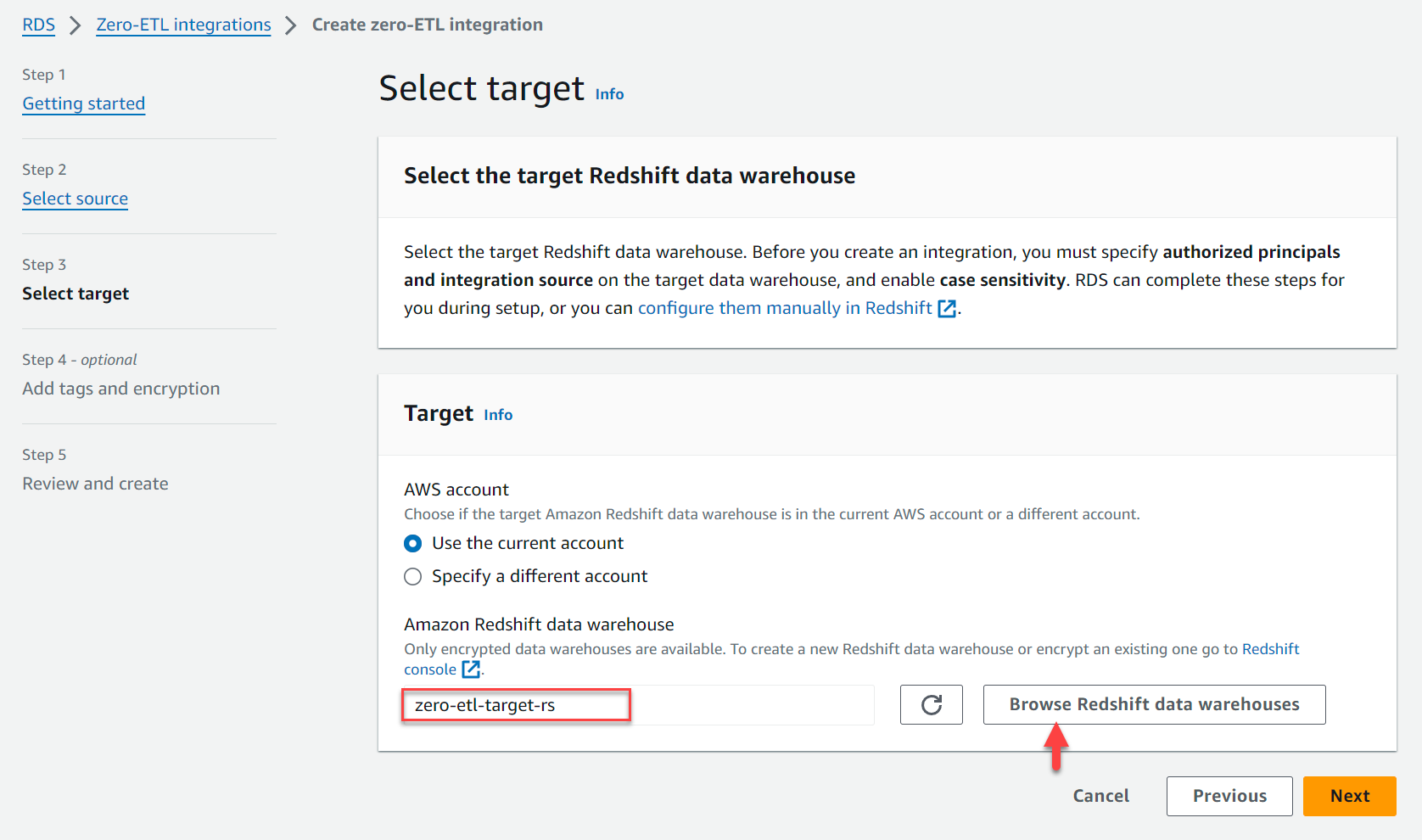 Browse Redshift data warehouses for zero-ETL integration