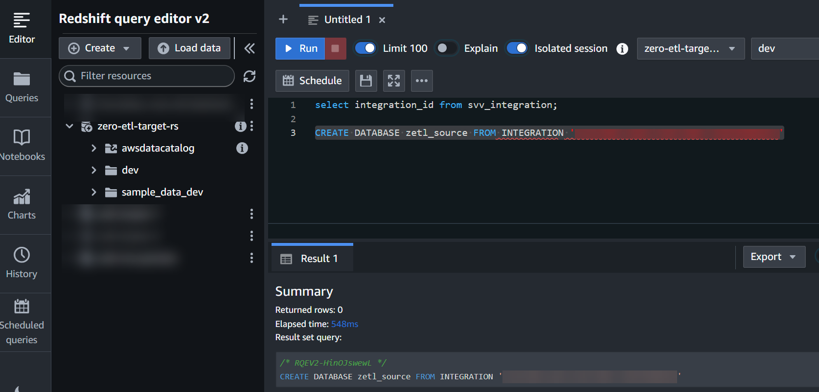Create database from integration