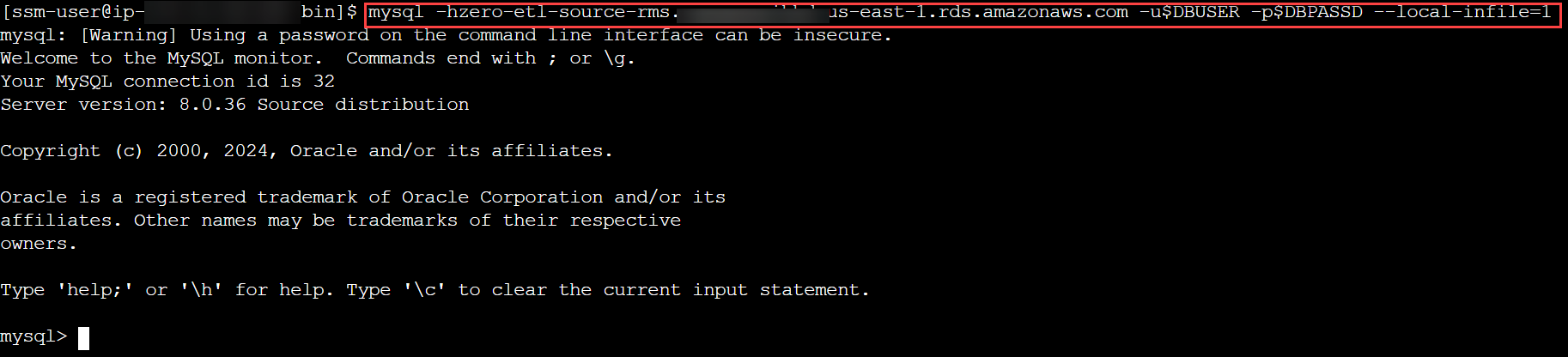 Connect to your RDS for MySQL cluster and create a database or schema for the TICKIT data model