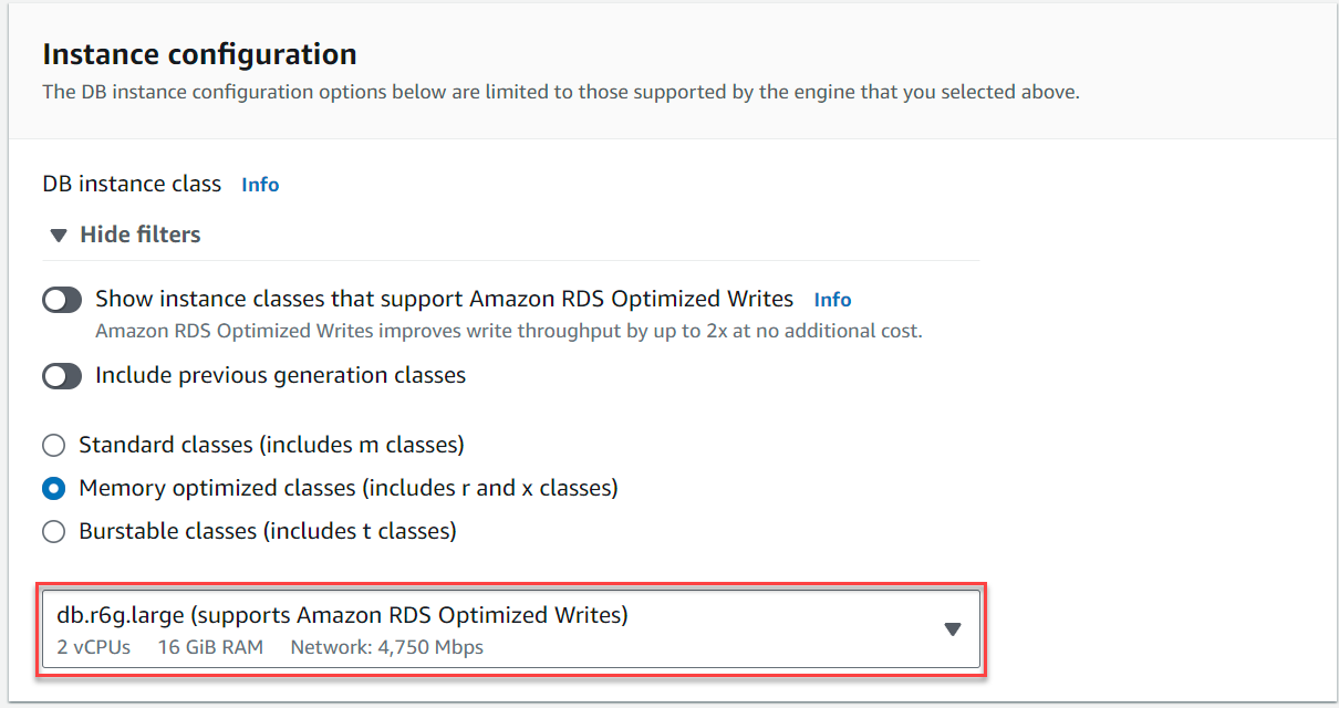 Selected db.r6g.large for DB instance class under Instance configuration