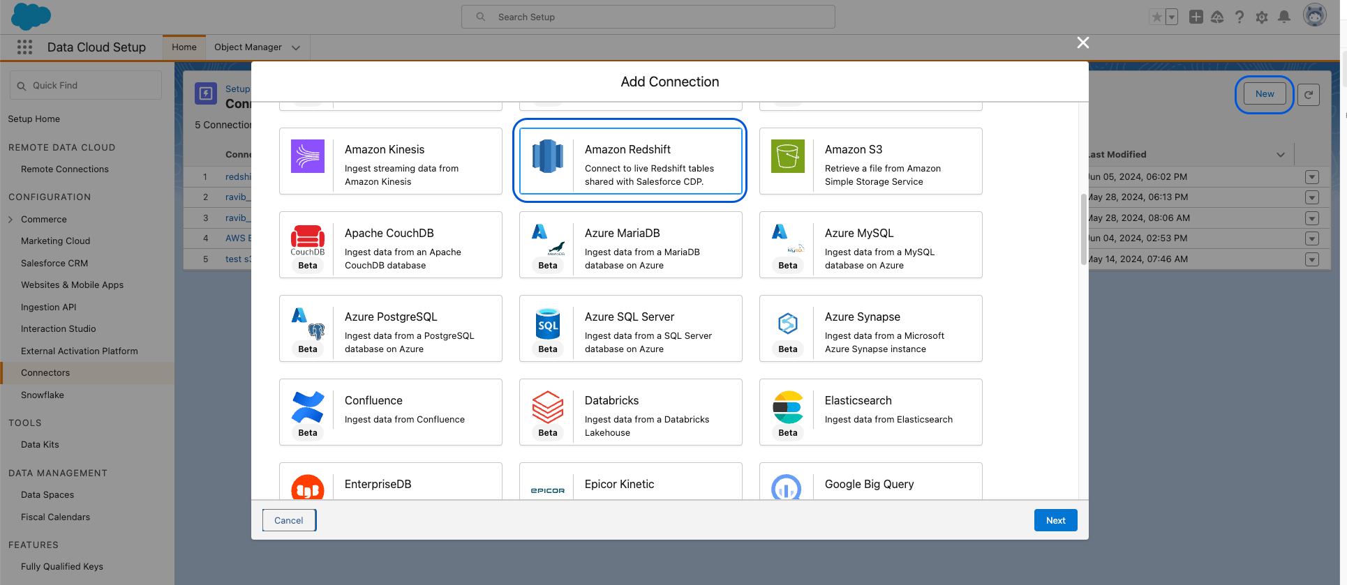 Step 3 choose New, choose Amazon Redshift, and choose Next.