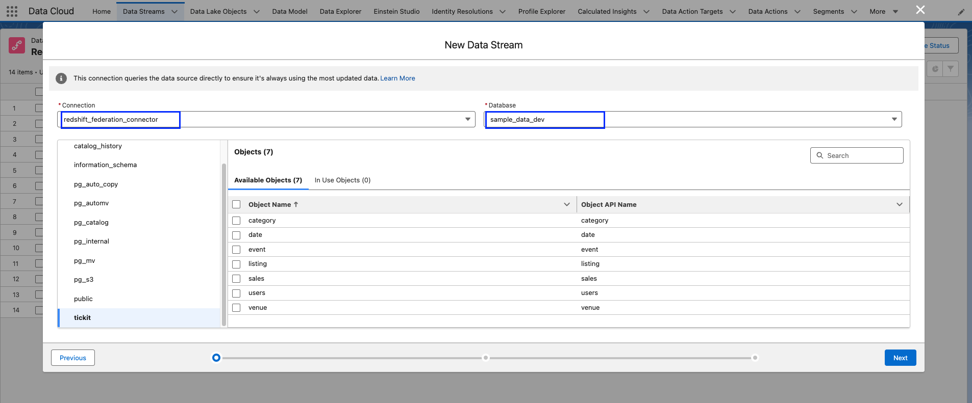 Choose your connector, database, and objects, then choose Next.